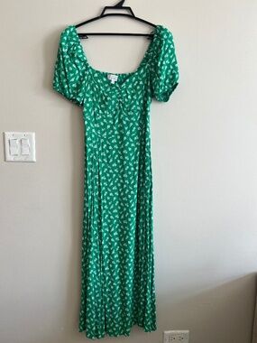 & Other Stories Green Resort Midi Dress Size 38 Puff Sleeve